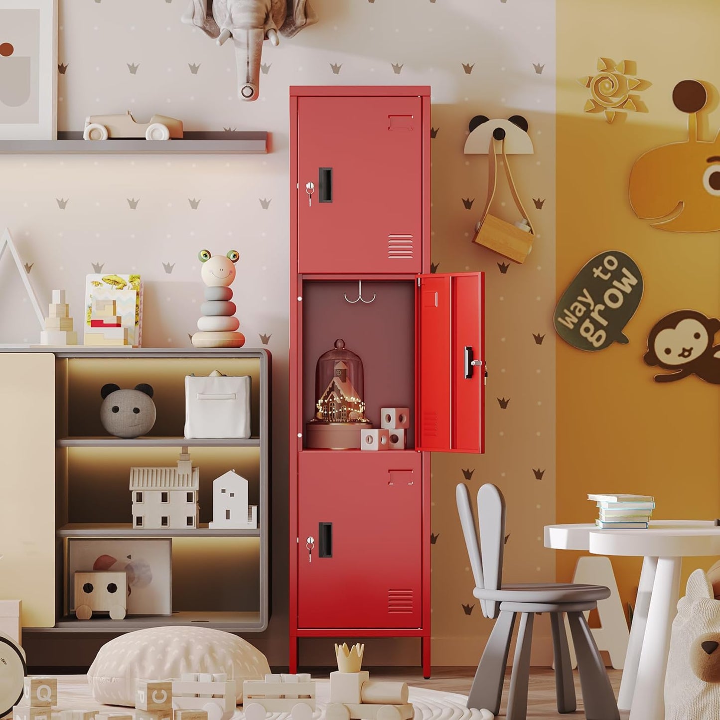 Metal Locker With Hooks And Ventilation Holes,Metal Storage Locker With Keys And Business Card Slof For Home,Gym,Garage,School,Office,Assembly Required,Red