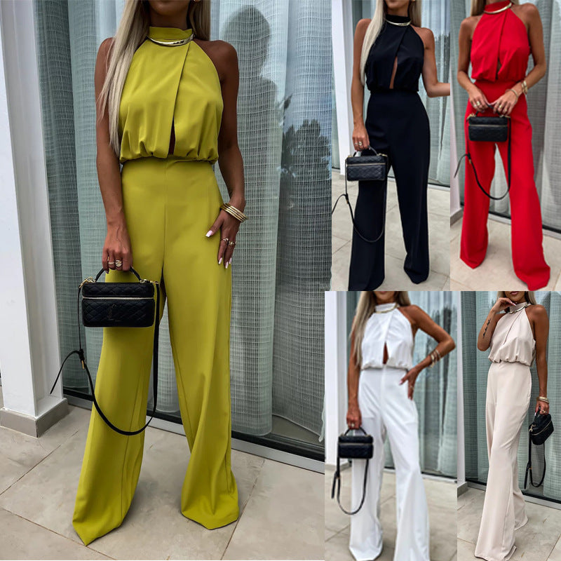 Womens Sexy Fashionable High-waisted Backless Tailored Straight Jumpsuit