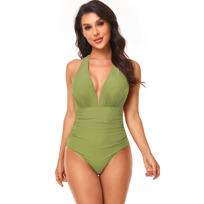 Women's Fashion Pump Pleated Neck Solid Color One-piece Swimsuit