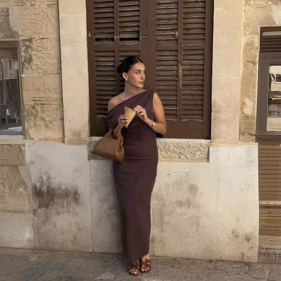 Off-shoulder Collar Off-shoulder Back Slit Draping Effect Slim Fit Long Dress
