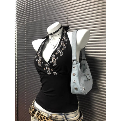 Niche Black V-Neck Embroidered Halter Backless Sophisticated Vintage Top