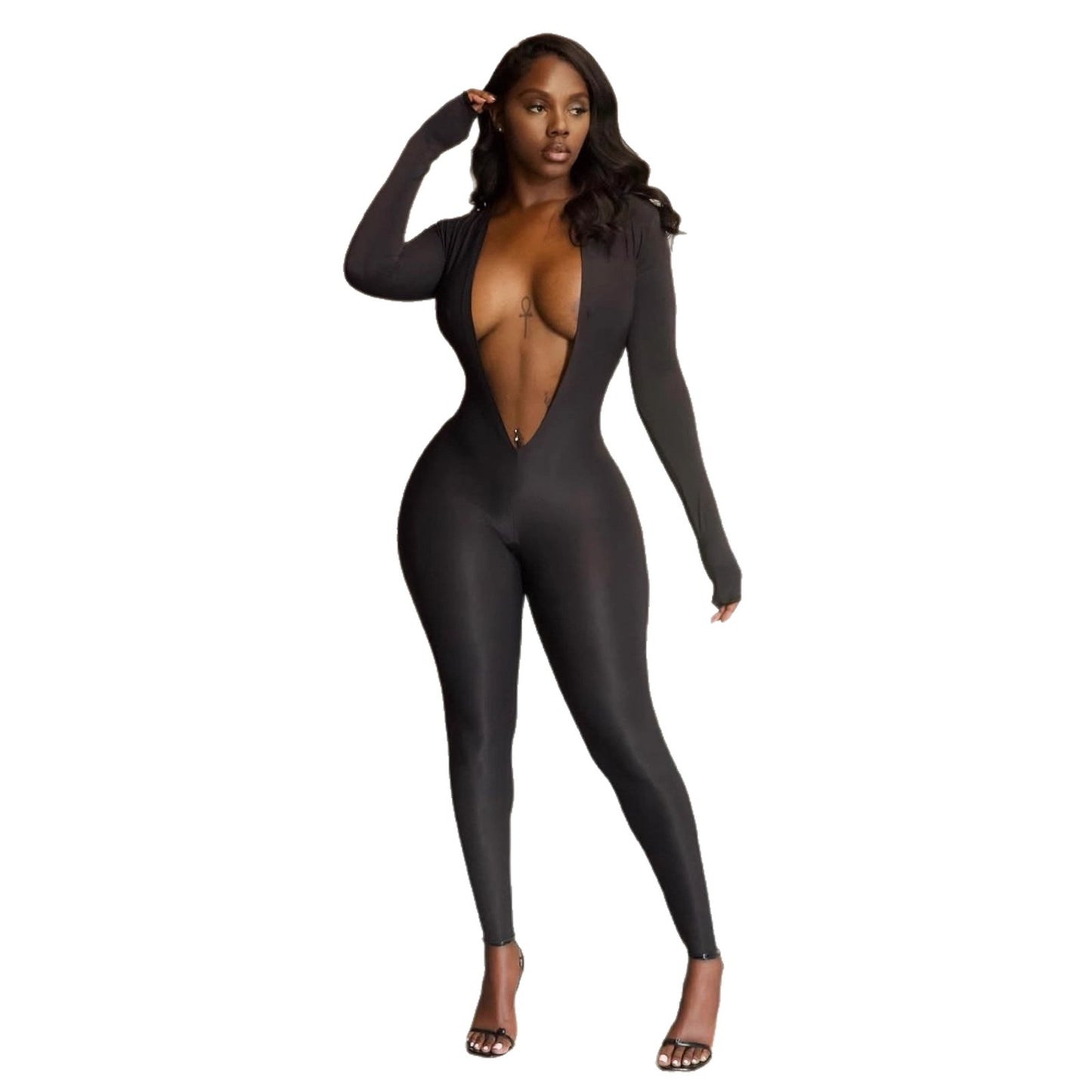 Fashionable Figure-hugging Sexy Stretchy Solid-color Jumpsuit