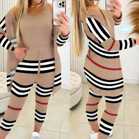 Women's Casual Printing Suit Fashion Stripes Three-piece Suit