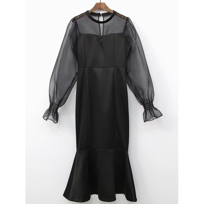Stitched Puff Sleeve Fishtail Women's Midi Dress