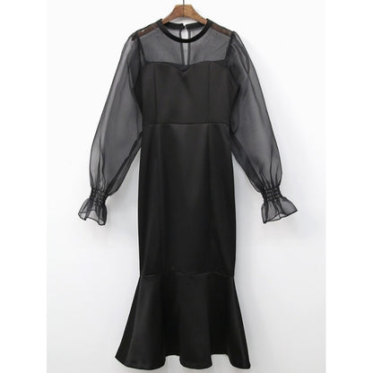 Stitched Puff Sleeve Fishtail Women's Midi Dress