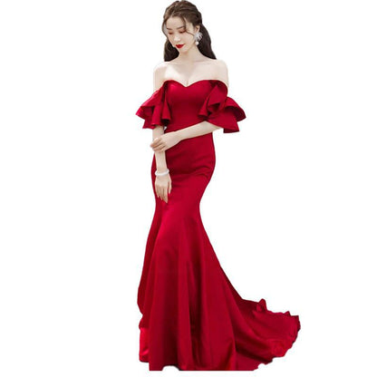 Off-shoulder Simple Graceful Waist Fishtail Gown
