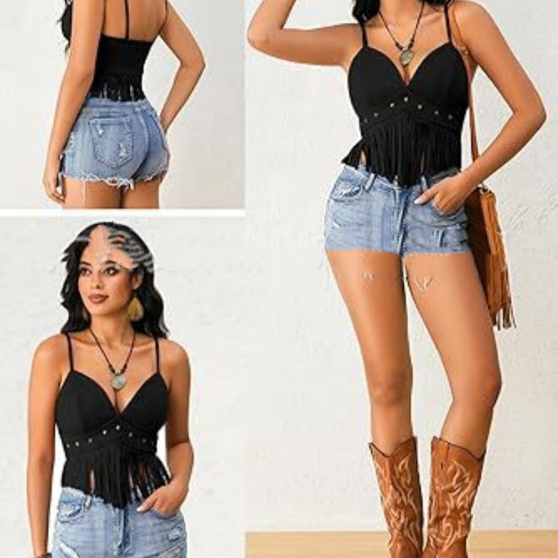 Womens Fringed Sleeveless Spaghetti-Strap Faux Suede Vintage Top