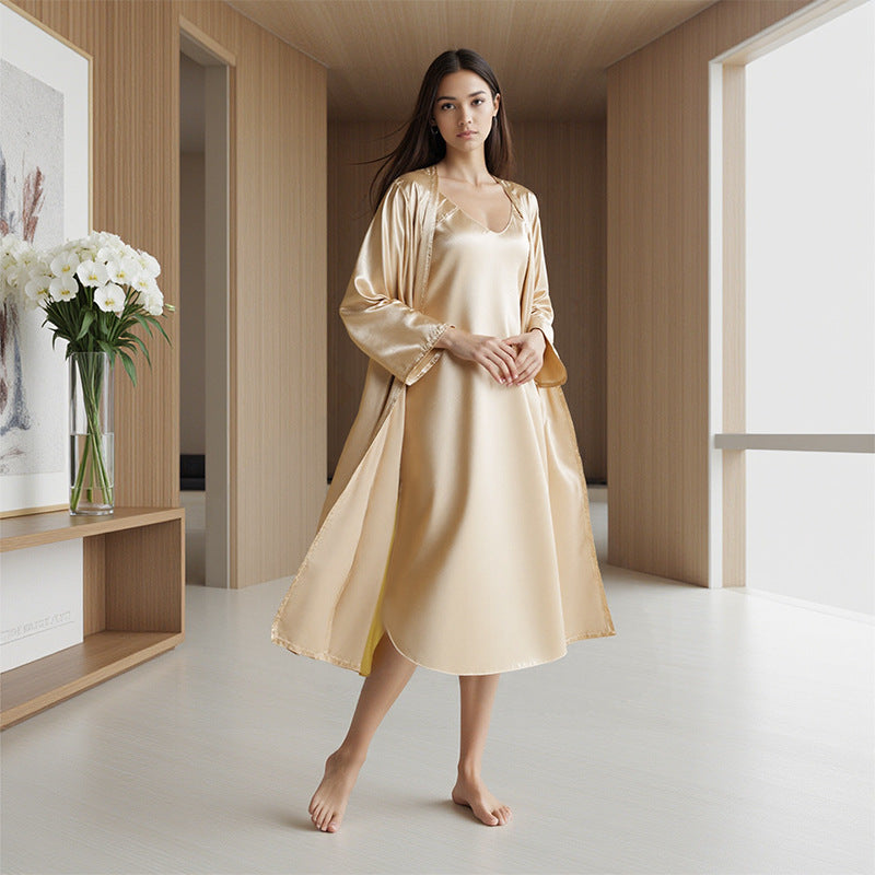 Sexy Womens SpringSummer Loose Slip Dress Bathrobe Loungewear Fashionable Long Nightgown Set