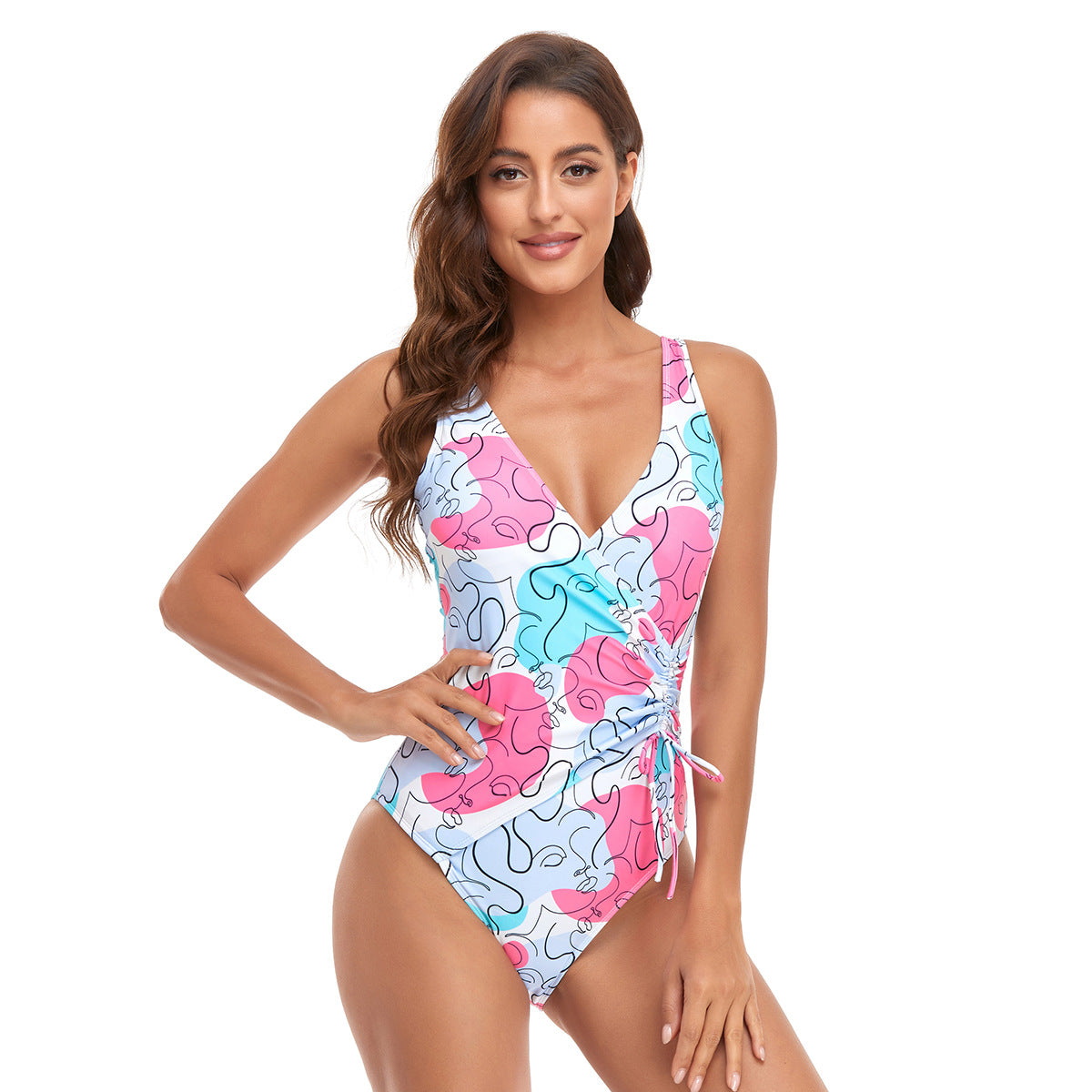 Solid Color Adjustable Shoulder Strap Multicolor Printed Swimsuit