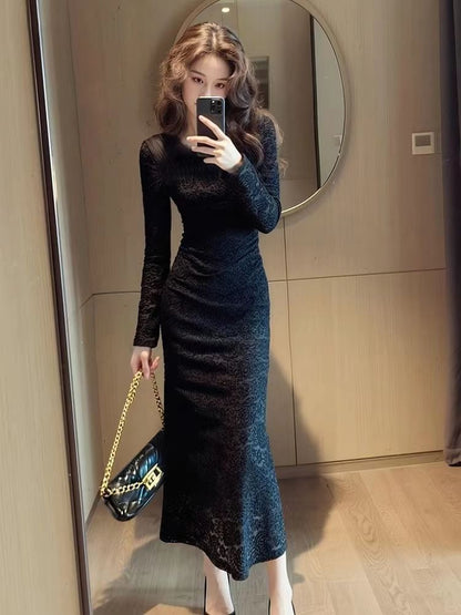 Elegant Black Lace Dress For Women AutumnWinter