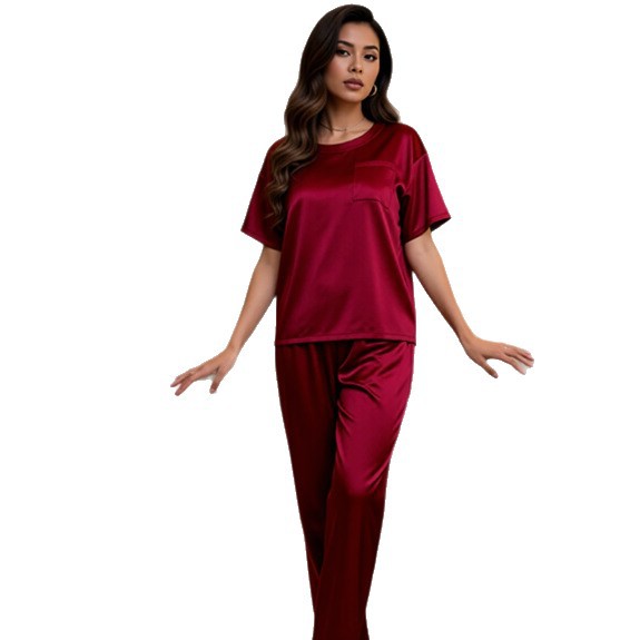 Amazon Ice Silk Pajamas Women's Summer Short-Sleeve Long-Pants Loungewear Loose Casual Set