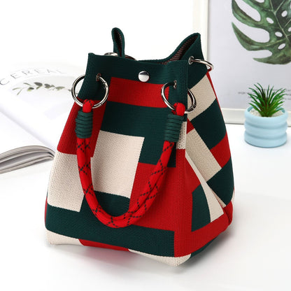 Womens Red Knitted Tote Bag With Magnetic Closure And Large Capacity