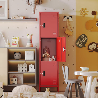 Metal Locker With Hooks And Ventilation Holes,Metal Storage Locker With Keys And Business Card Slof For Home,Gym,Garage,School,Office,Assembly Required,Red
