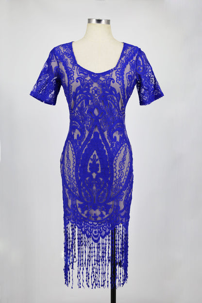 Hot Sale Lace Dress V-neck Short Sleeve Tassel Hem Sheath Dress