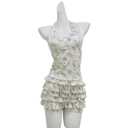 Womens Floral Halter Neck, Low-Chest Push-Up Two-Piece Skirted Swimsuit