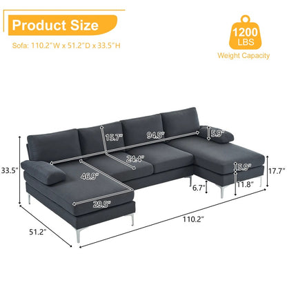 280x130x85 U-Shaped 4-Seat Linen Seat Frame Wooden Frame Back Iron Frame