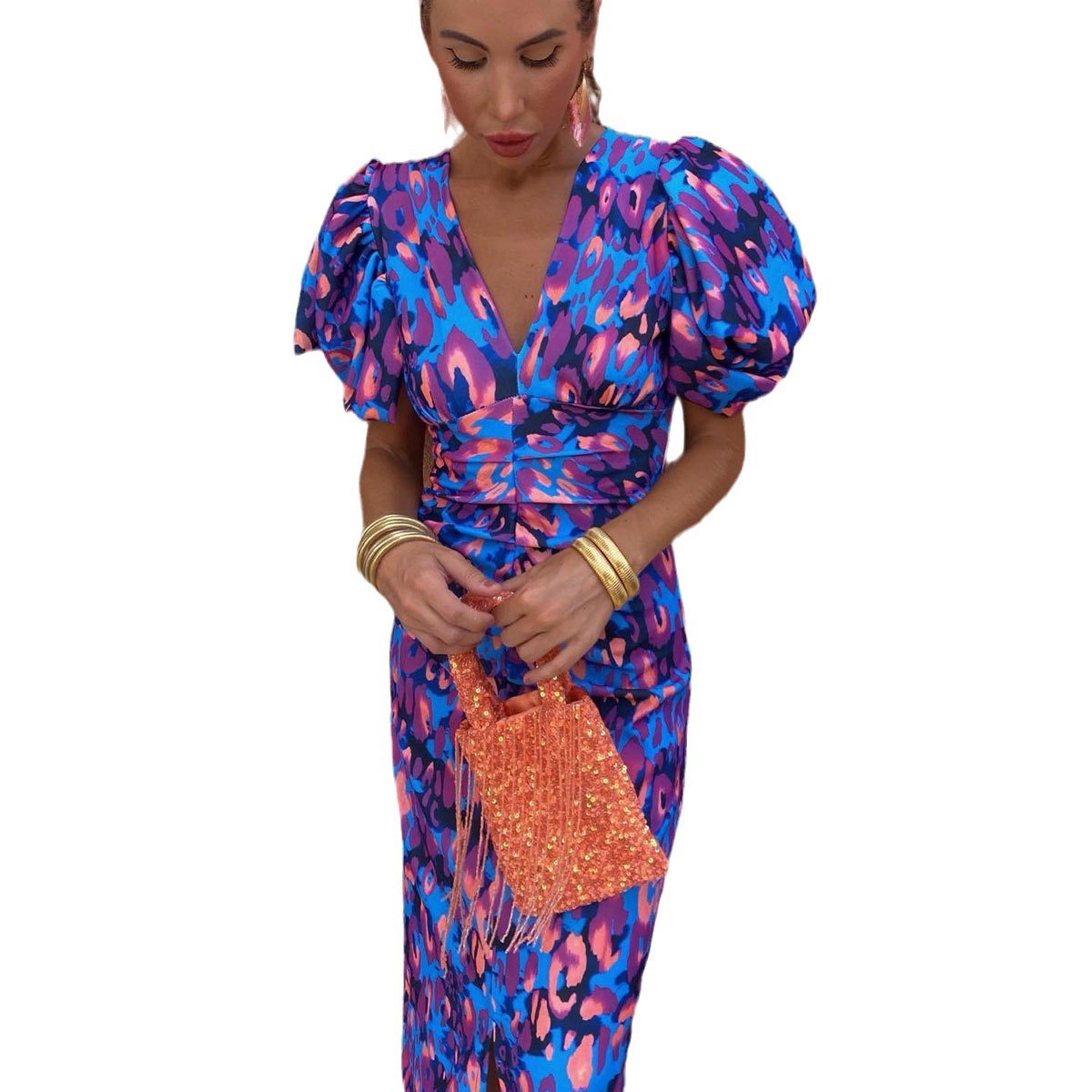 Puffed Short Sleeve Dress Summer Floral Printed V-neck Skinny Dresses