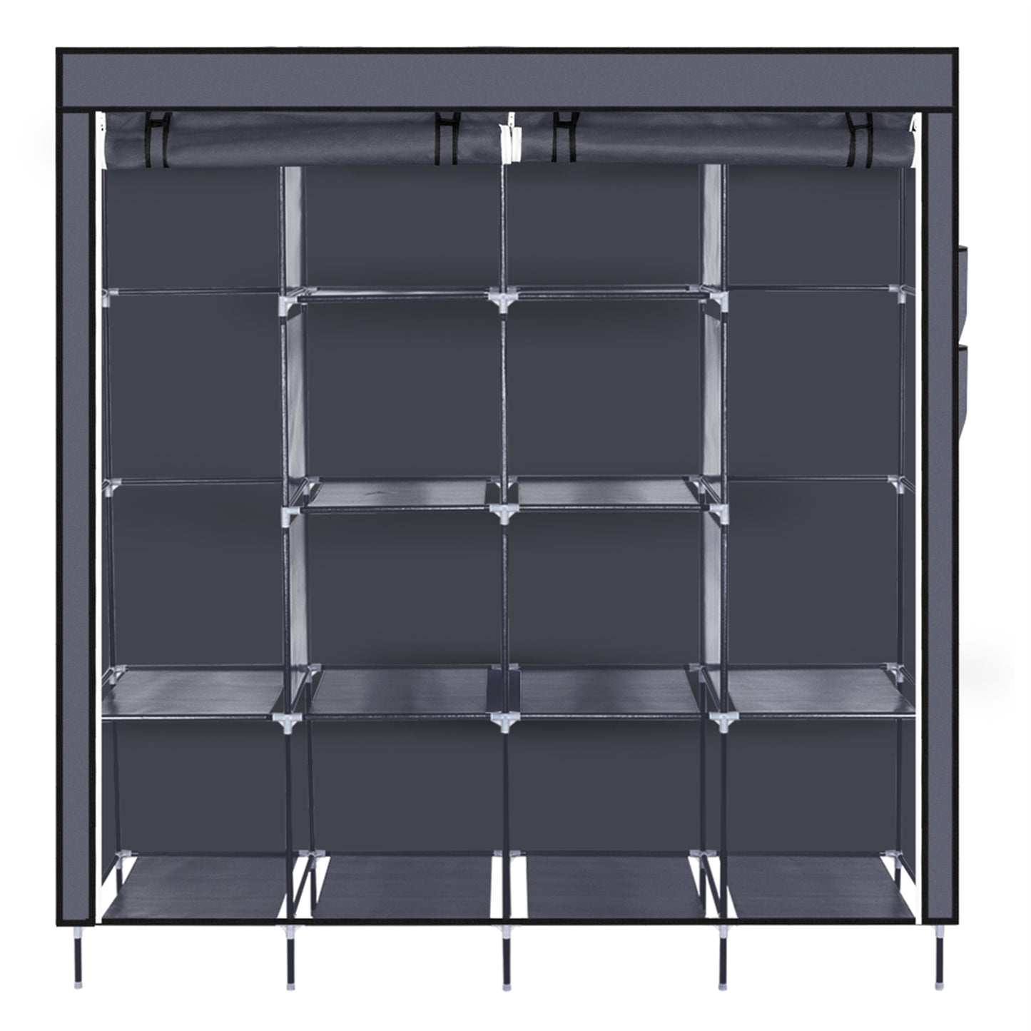 67 Inch Clothes Closet Portable Wardrobe Clothes Storage Rack 12 Shelves 4 Side Pockets Gray