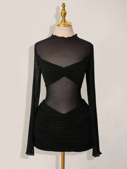 Solid-color Slim-fit Sexy Mesh Sheer Round-neck Sheath Dress For Women