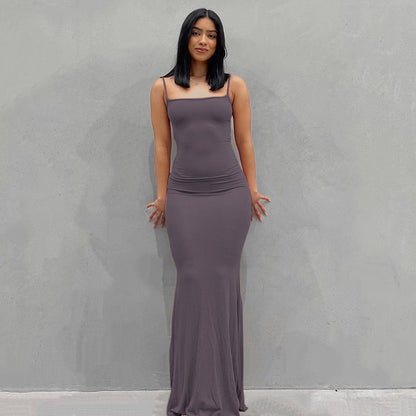 New Fashion Solid Color Sleeveless Sling Long Dress