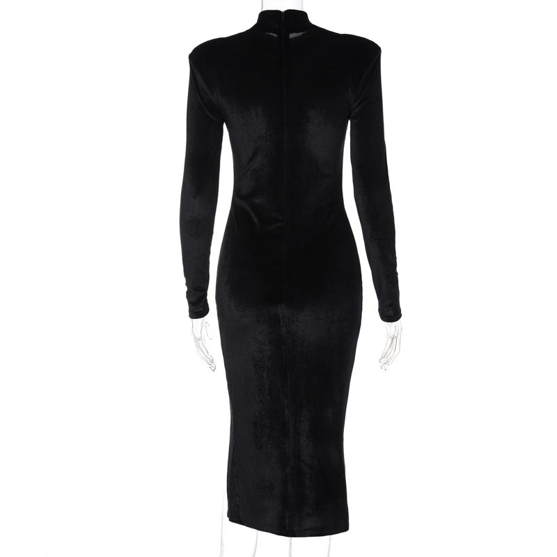 Solid Color Stand Collar Stitching Velvet Split Dress