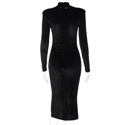 Solid Color Stand Collar Stitching Velvet Split Dress