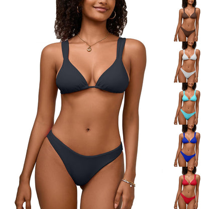 Solid Color Lace-up Bikini Swimsuit For Women