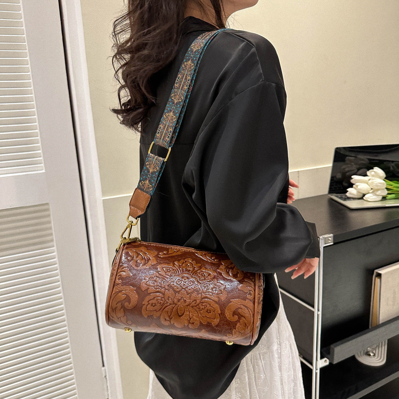 Embossed Round Barrel Crossbody Womens Fashion Shoulder Bag