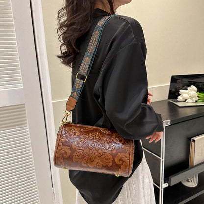 Embossed Round Barrel Crossbody Womens Fashion Shoulder Bag