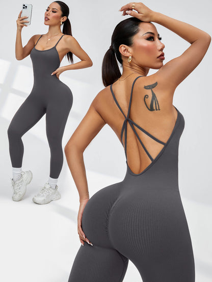 Back-revealing, Non-padded, Tight-fitting Fitness Leggings Jumpsuit