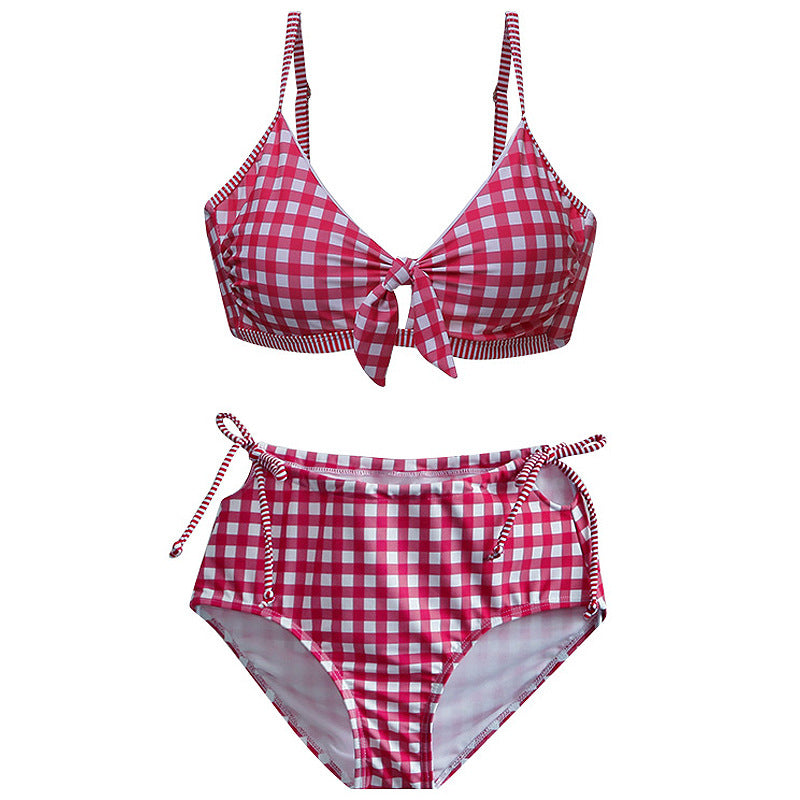 Ladies check high waist split swimsuit