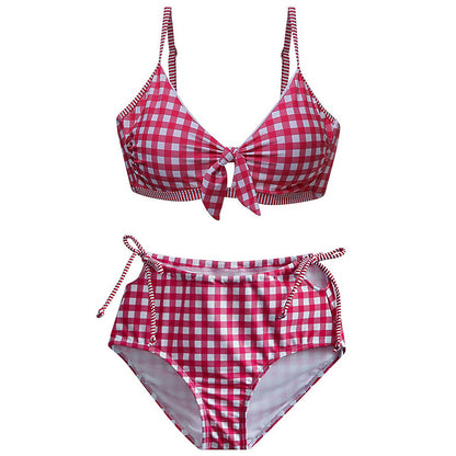 Ladies check high waist split swimsuit