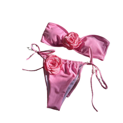 New Solid Color Rose Tube Top Drawstring Strap Split Swimsuit