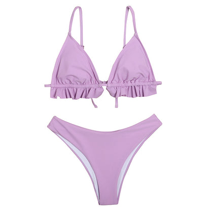 New Ladies Swimwear European And American Cross-Border Foreign Trade Solid Color Ruffled Split Swimsuit Sexy Backless Bikini