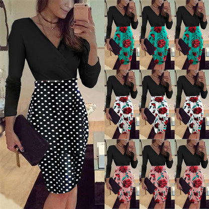 Short Sleeve V-neck Printed Patchwork Slim Dress