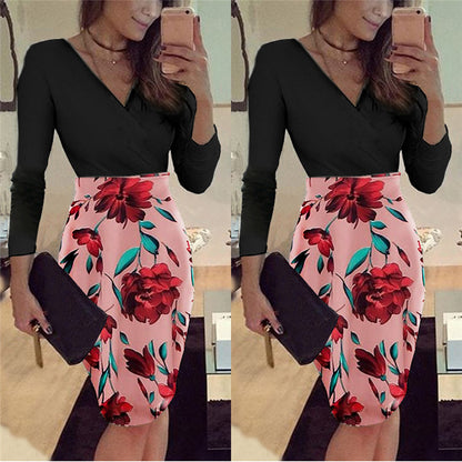 Short Sleeve V-neck Printed Patchwork Slim Dress
