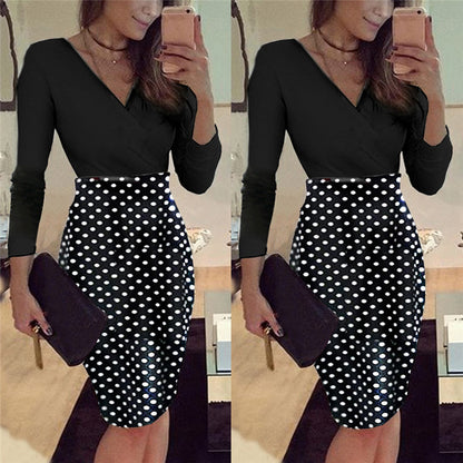Short Sleeve V-neck Printed Patchwork Slim Dress