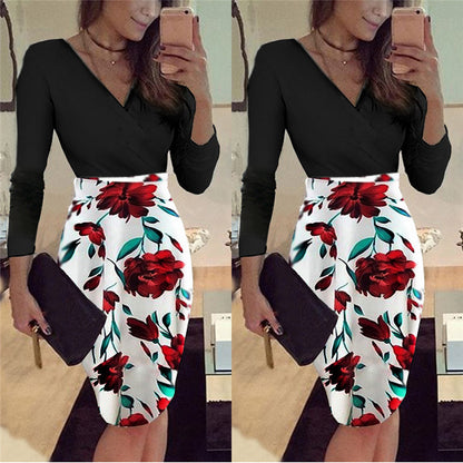 Short Sleeve V-neck Printed Patchwork Slim Dress