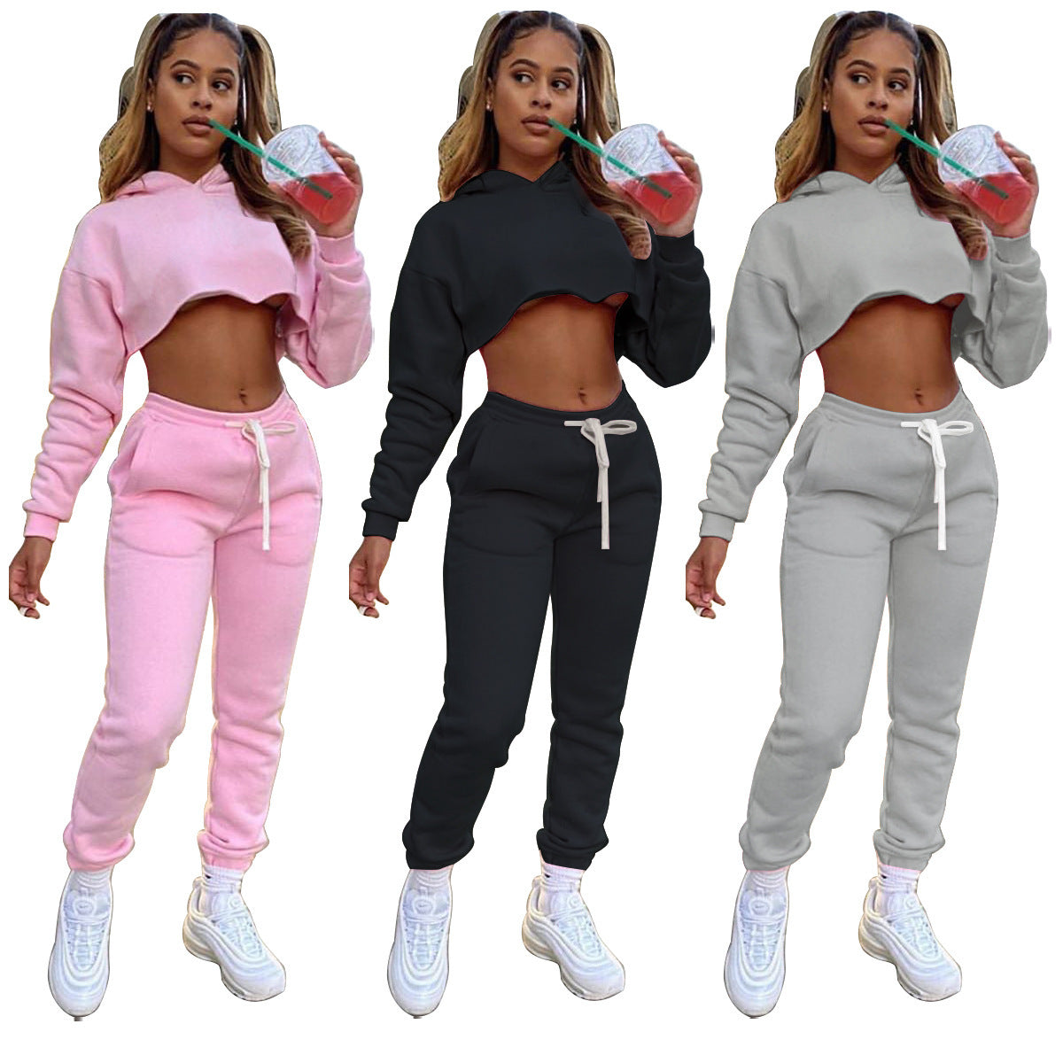 European And American Autumn And Winter New Solid Color Fashion Casual Sweater Ladies Suit