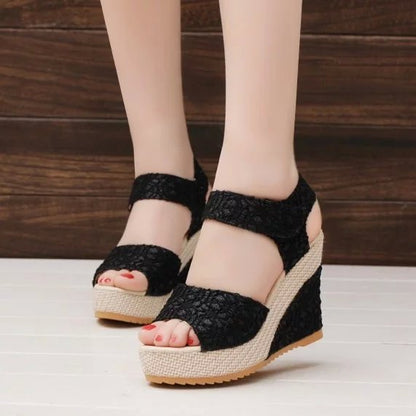 New Style Sandals Women's Thick Soled Wedge High Heeled Sexy Lace Women's Shoes
