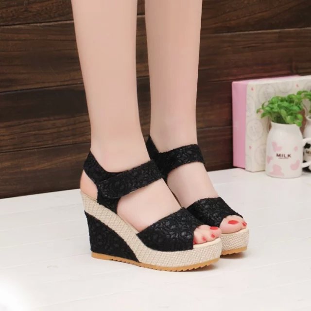New Style Sandals Women's Thick Soled Wedge High Heeled Sexy Lace Women's Shoes