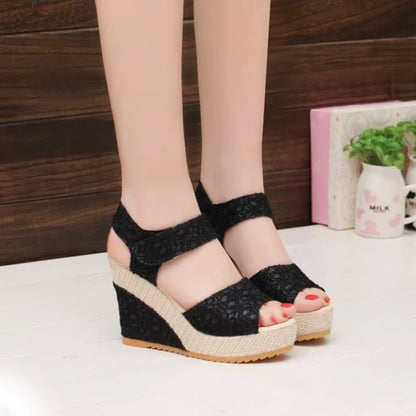 New Style Sandals Women's Thick Soled Wedge High Heeled Sexy Lace Women's Shoes
