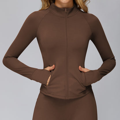 Brushed Yoga Jacket Long-sleeved Zipper Pocket Tight Top