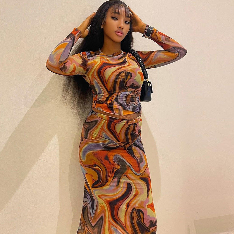 Printed Crewneck Long-Sleeve Midriff-Baring Top And Sheath Skirt Set For Women