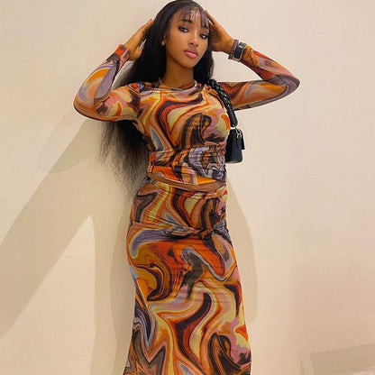 Printed Crewneck Long-Sleeve Midriff-Baring Top And Sheath Skirt Set For Women