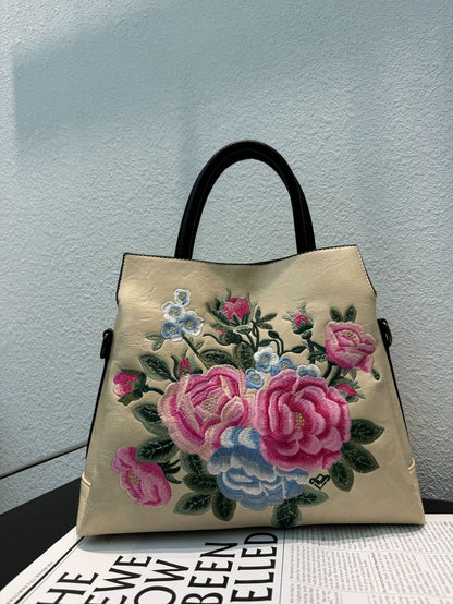 Tote Bag With Embroidered Peony Flowers Ethnic-style Textured Design