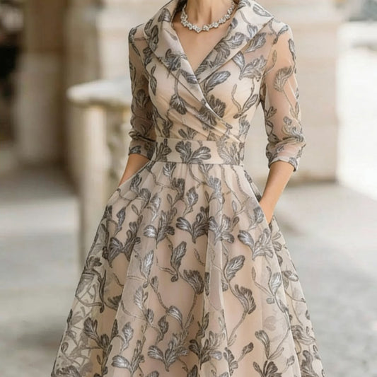 Printed V-neck Long-sleeve Dress Women