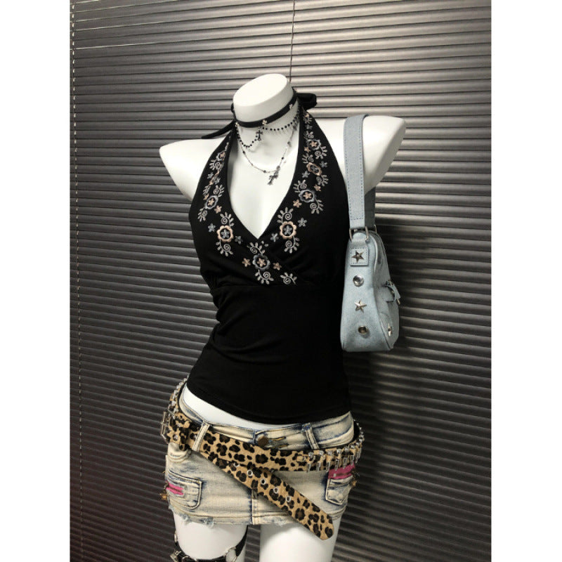 Niche Black V-Neck Embroidered Halter Backless Sophisticated Vintage Top