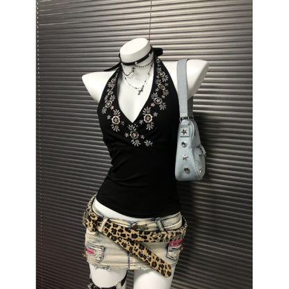 Niche Black V-Neck Embroidered Halter Backless Sophisticated Vintage Top
