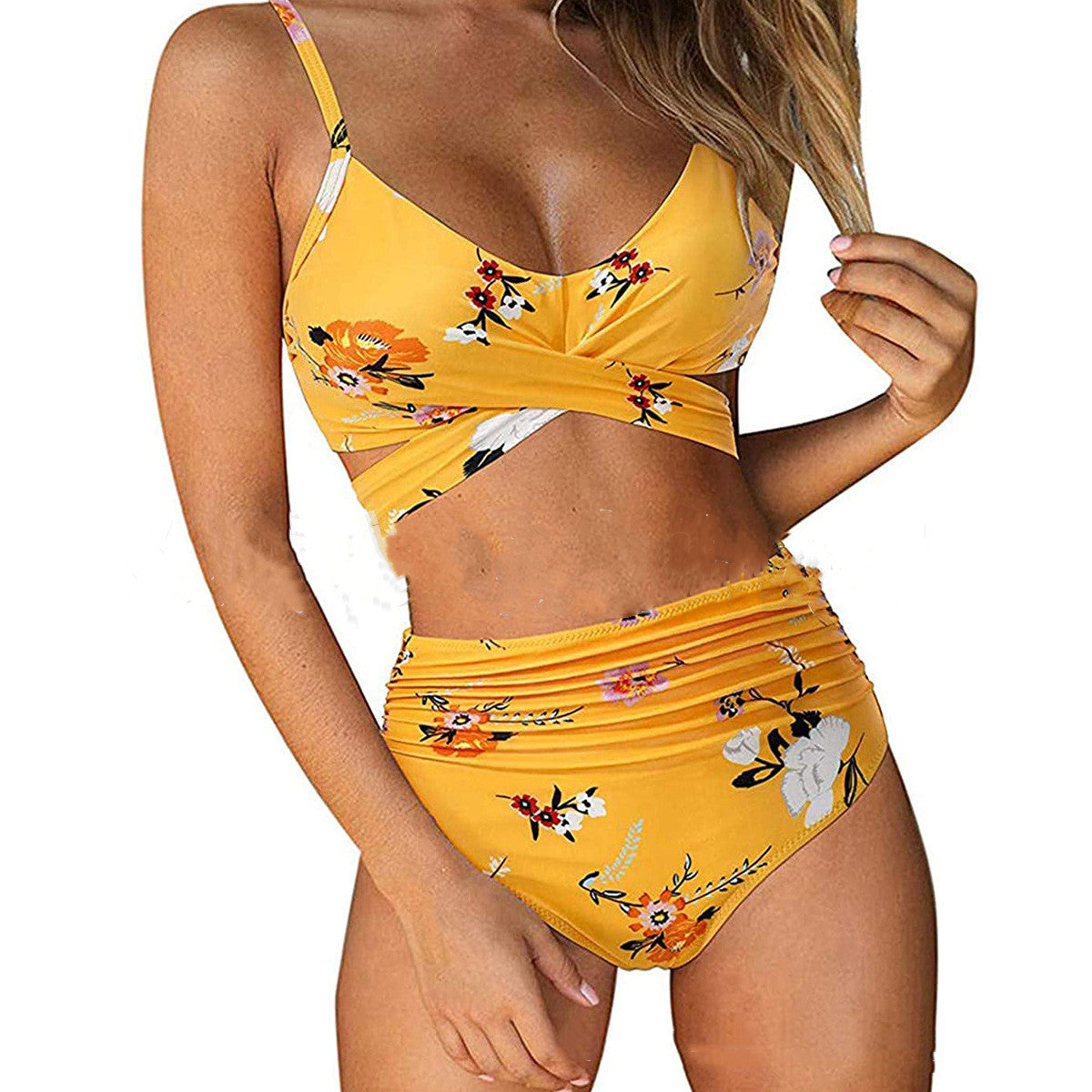 Printed high waist split swimsuit